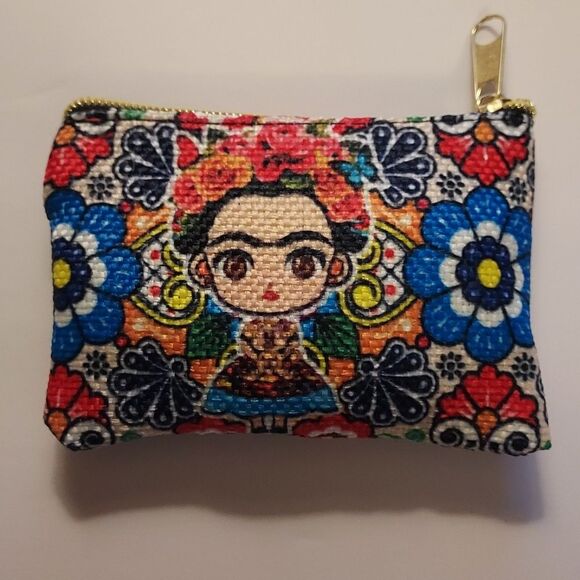 Frida Kahlo Coin Purse Colorful Floral Patterned Cosmetic Bag Zippered - Picture 2 of 4